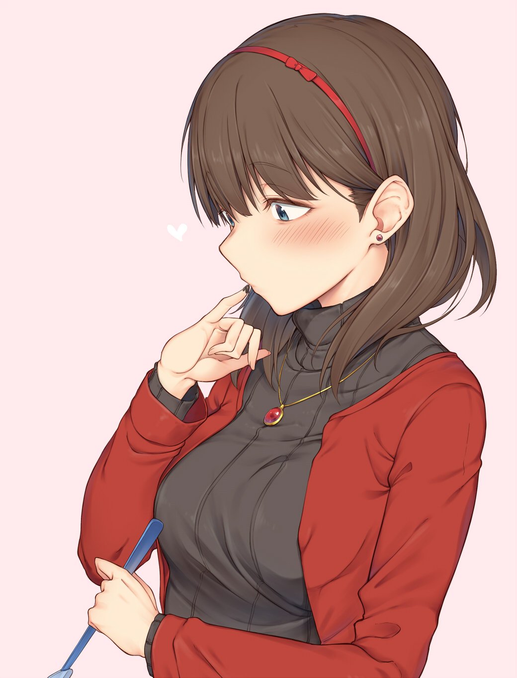 1girl black_sweater blue_eyes blush breasts brown_hair chocolate earrings food_on_hand from_side hairband hand_up heart highres holding holding_spatula idolmaster idolmaster_cinderella_girls idolmaster_cinderella_girls_starlight_stage jacket jewelry long_sleeves looking_at_another looking_down medium_breasts necklace open_clothes open_jacket pink_background pinky_out red_hairband red_jacket sakuma_mayu short_hair simple_background solo spatula spirytus_tarou sweater upper_body
