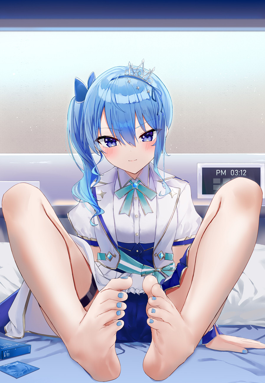 1girl bare_legs barefoot blue_bow blue_eyes blue_nails blue_shorts blush bow breasts cameltoe closed_mouth commentary_request condom condom_wrapper crown feet gold_trim hair_between_eyes hair_bow highres hololive hoshimachi_suisei indoors jacket kou_futoshi long_hair looking_at_viewer mini_crown miniskirt nail_polish on_bed puffy_short_sleeves puffy_sleeves shirt short_shorts short_sleeves shorts side_ponytail sitting skirt small_breasts solo star_(symbol) star_in_eye symbol_in_eye thigh_strap toes virtual_youtuber white_jacket white_shirt white_skirt