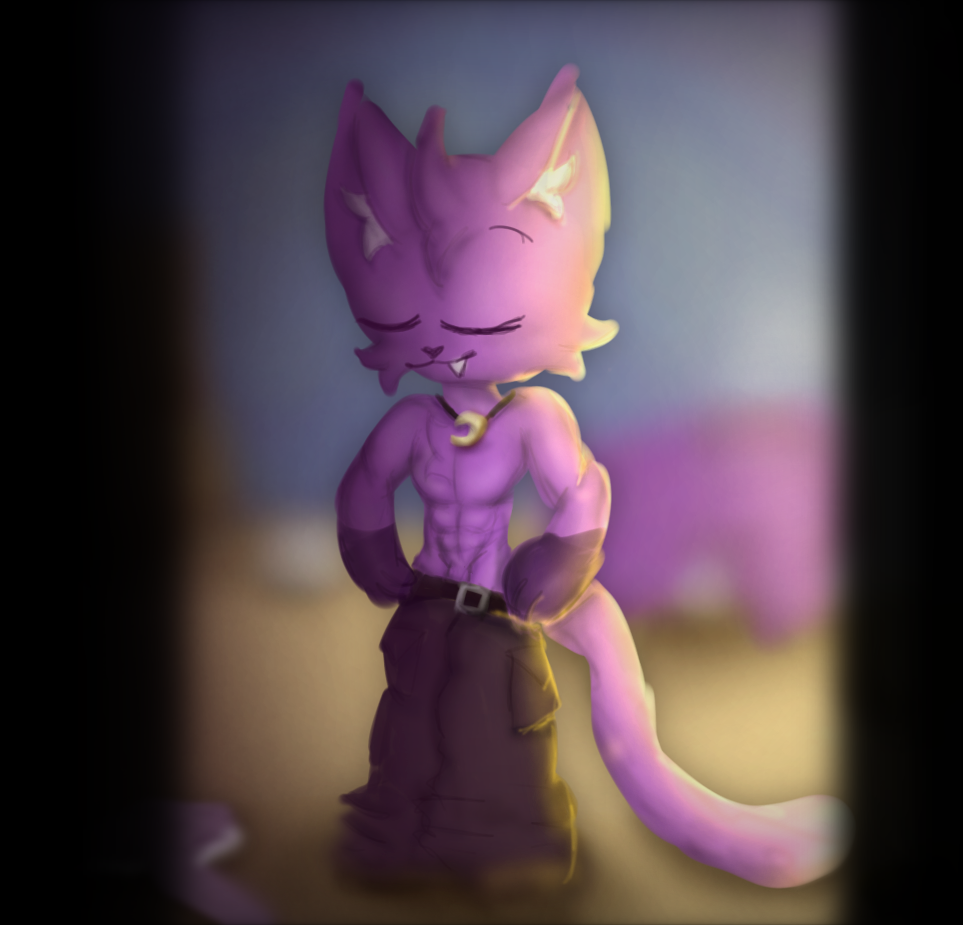 anthro bottomwear capriela catnap_(poppy_playtime) clothing domestic_cat eyes_closed felid feline felis fur jewelry male mammal monster muscular necklace pants pants_only poppy_playtime purple_body purple_fur shirtless smile smiling_critters solo undressing
