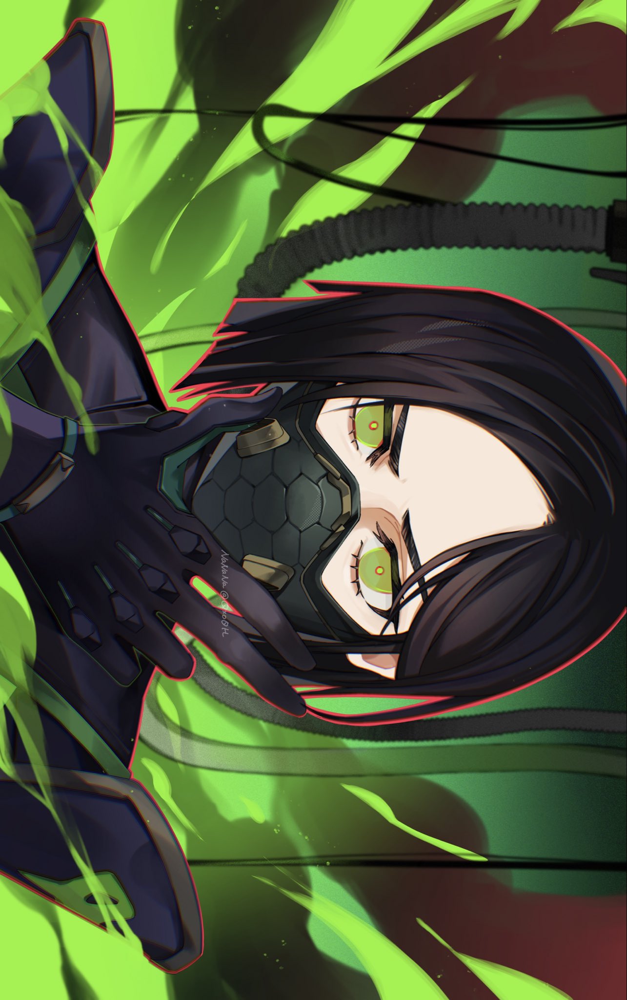 1girl animification artist_name black_gloves black_hair cable colored_smoke gloves green_eyes highres looking_at_viewer mask mouth_mask nanana_(syoki0916) portrait short_hair solo straight-on valorant viper_(valorant)
