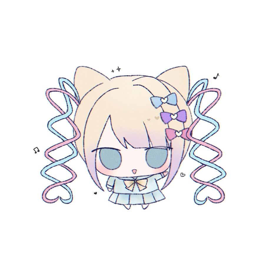1girl animal_ears blonde_hair blue_bow blue_eyes blue_hair blue_serafuku blue_shirt blue_skirt bow cat_ears chibi chouzetsusaikawa_tenshi-chan commentary full_body gradient_hair hair_bow hand_up long_hair long_sleeves looking_at_viewer multicolored_hair musical_note needy_girl_overdose open_mouth pink_bow pink_hair pleated_skirt purple_bow purple_hair quad_tails sailor_collar school_uniform serafuku shirt simple_background skirt smile solo sparkle standing symbol-only_commentary uiha_xxx very_long_hair white_background