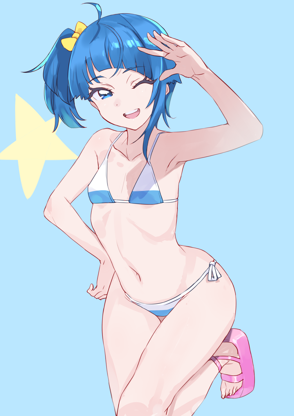 1girl ahoge bikini blue_background blue_bikini blue_eyes blue_hair breasts cowboy_shot cut_bangs highres hirogaru_sky!_precure long_hair navel nemo_(user_ryaa2474) one_eye_closed precure side-tie_bikini_bottom side_ponytail small_breasts smile solo sora_harewataru standing standing_on_one_leg star_(symbol) swimsuit toeless_footwear two-tone_bikini