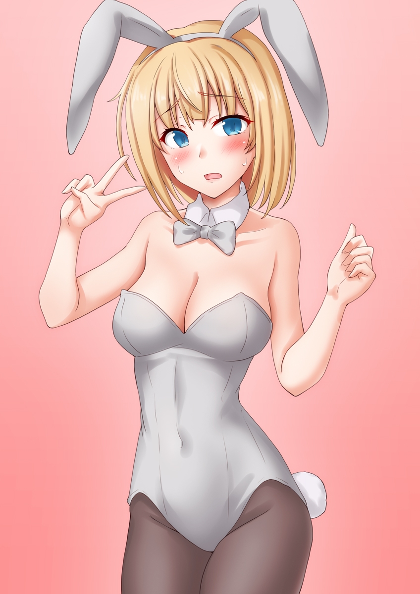 1girl animal_ears anti_(untea9) blonde_hair blue_eyes bow bowtie breasts covered_navel cowboy_shot embarrassed fake_animal_ears gradient_background highres kantai_collection leotard looking_at_viewer pantyhose playboy_bunny red_background rodney_(kancolle) twitter_username white_background