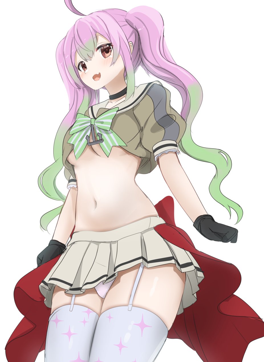 1girl adapted_costume ahoge anchor_ornament back_bow black_choker black_gloves bow bowtie breasts choker cowboy_shot fang garter_straps gloves gradient_hair green_bow green_bowtie green_hair green_shirt highres kantai_collection long_hair midriff momo_(kancolle) multicolored_hair open_mouth panties pink_hair pleated_skirt red_bow redundant-cat sailor_collar sailor_shirt shirt simple_background skin_fang skirt small_breasts solo sparkle_print striped_bow striped_bowtie striped_clothes thighhighs twintails underboob underwear white_background white_panties white_sailor_collar white_skirt white_thighhighs