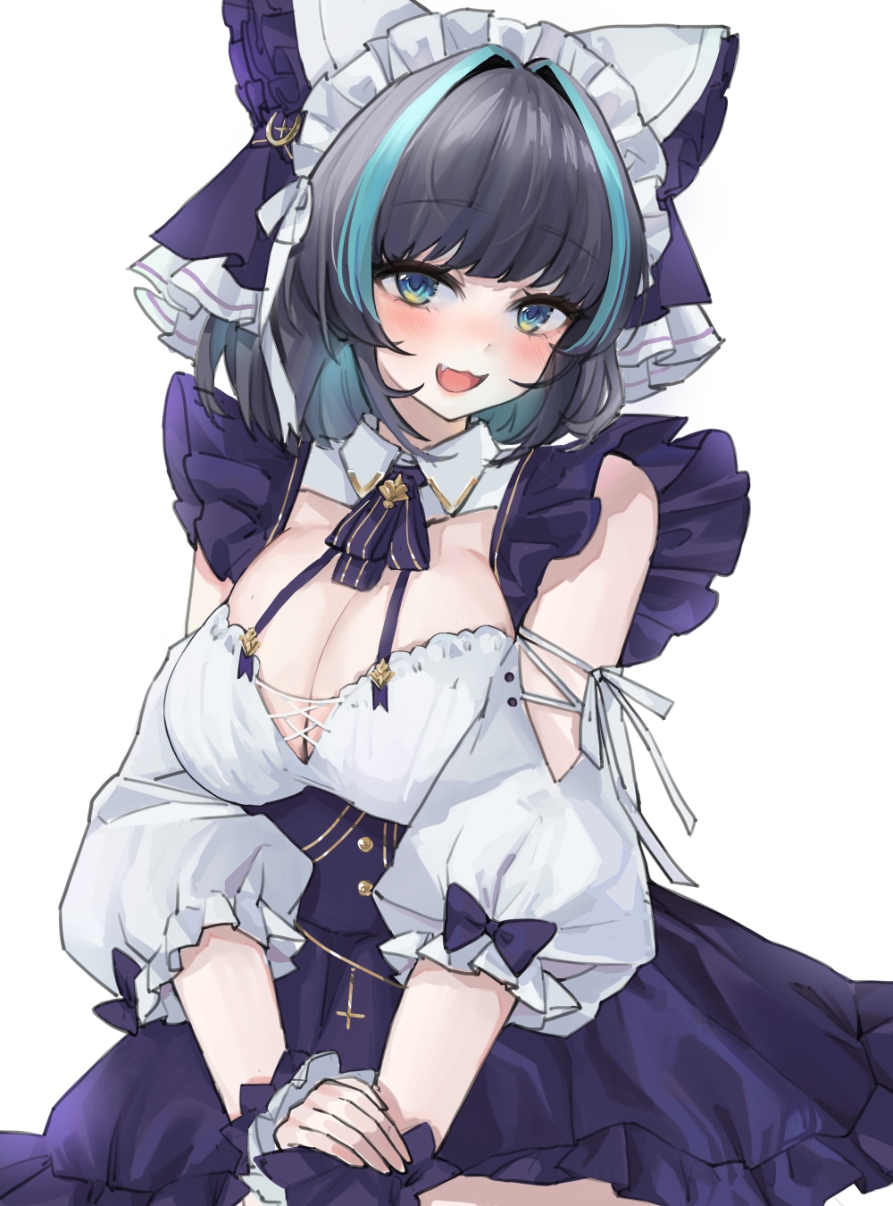 1girl :d aqua_hair azur_lane black_hair blue_bow blue_dress blue_eyes blue_wrist_cuffs blush bow breasts cheshire_(azur_lane) cleavage cowboy_shot detached_sleeves dot_nose dress frilled_dress frills gloves hair_bow hair_intakes head_tilt highres large_breasts looking_at_viewer medium_hair multicolored_hair open_mouth simple_background smile solo streaked_hair two-tone_hair white_background white_gloves wrist_cuffs xin_hong