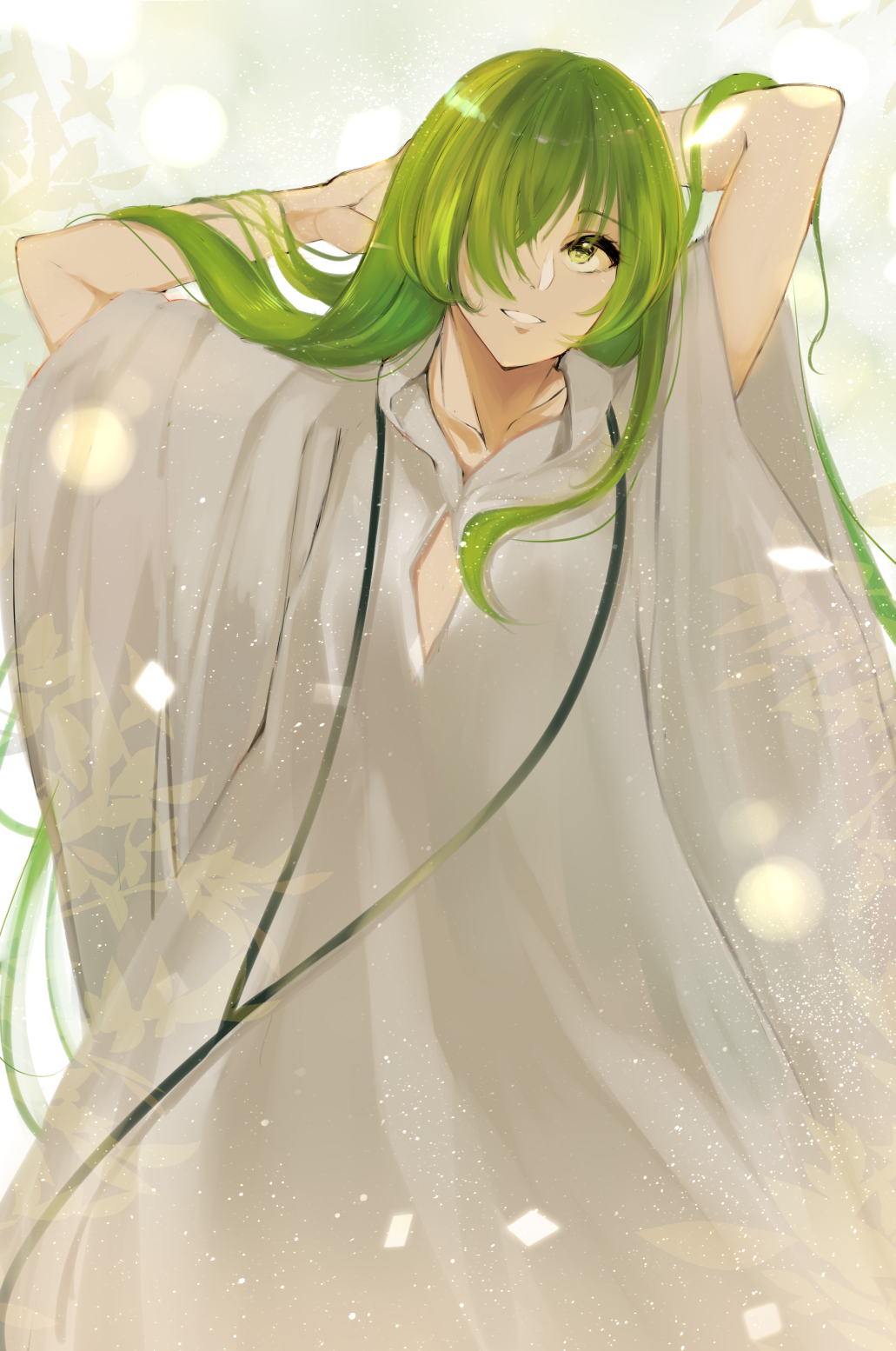 1other androgynous arms_up ashino collarbone commentary_request enkidu_(fate/strange_fake) eyelashes fate/strange_fake fate_(series) green_eyes green_hair hair_over_one_eye hands_in_hair highres hood hood_down hooded_robe light_particles long_hair looking_at_viewer parted_lips robe solo standing straight_hair very_long_hair white_robe