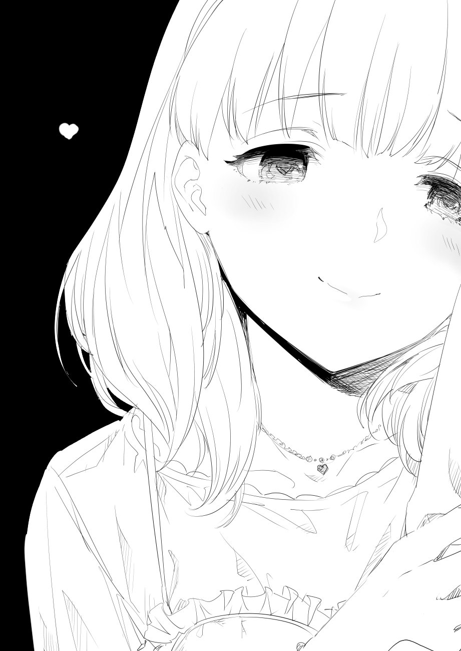 1girl 1other black_background breasts closed_mouth goshiki_suzu greyscale heart heart_necklace highres holding_another's_arm idolmaster idolmaster_cinderella_girls idolmaster_cinderella_girls_starlight_stage jewelry medium_breasts monochrome necklace portrait sakuma_mayu shirt short_hair simple_background smile solo solo_focus