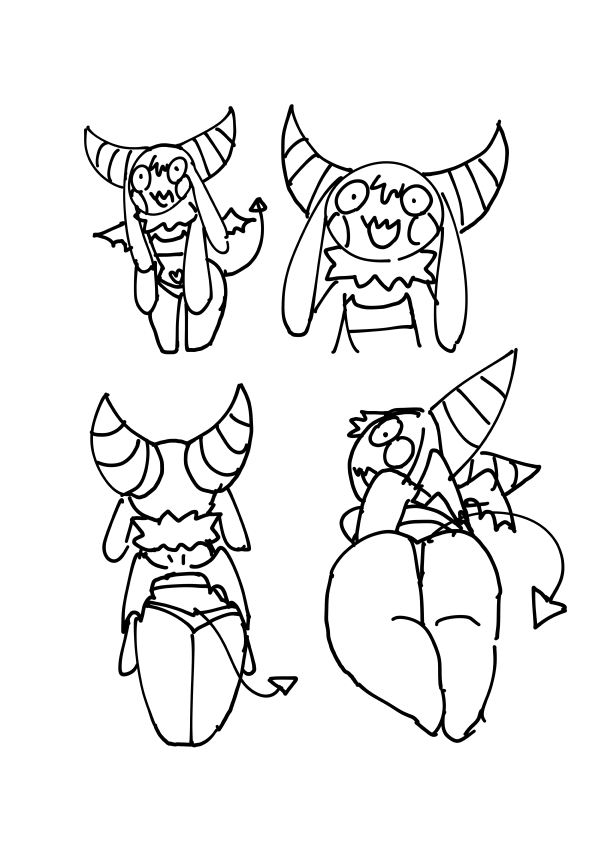 2_horns bibi_(o-den) bra butt clothing demon female heart_(marking) horn long_ears looking_at_viewer looking_back markings membrane_(anatomy) membranous_wings neck_tuft o-den open_mouth open_smile panties pupils rear_view small_pupils smile solo spade_tail succubus tail thick_thighs tuft underwear wide_hips wings