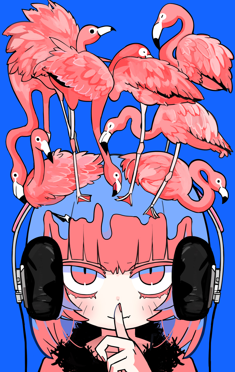 1girl animal_on_head bird bird_on_head black_headphones black_scarf blue_background blush_stickers check_copyright closed_mouth colored_eyelashes commentary_request copyright_request fang fang_out finger_to_mouth flamingo fur_scarf highres limited_palette looking_at_viewer medium_hair nail_polish on_head original pink_eyes pink_hair pink_shirt portrait red_nails scarf shirt simple_background skin_fang smile solo straight-on terada_tera