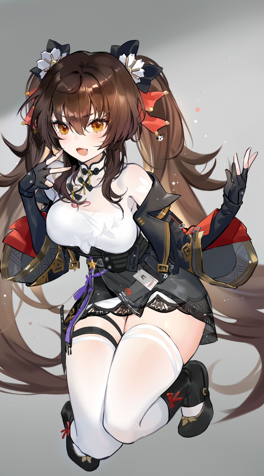 1girl :d black_bow black_footwear black_gloves black_jacket black_skirt boots bow breasts brown_eyes brown_hair fang fingerless_gloves full_body girls'_frontline girls'_frontline_2:_exilium gloves grey_background hair_bow hands_up hatoyama_itsuru highres holster jacket jumping knee_boots legs_up long_hair looking_at_viewer medium_breasts miniskirt red_bow shirt skindentation skirt smile solo thigh_holster thighhighs twintails type_97_(girls'_frontline) underbust v-shaped_eyebrows v_over_mouth very_long_hair white_shirt white_thighhighs zettai_ryouiki