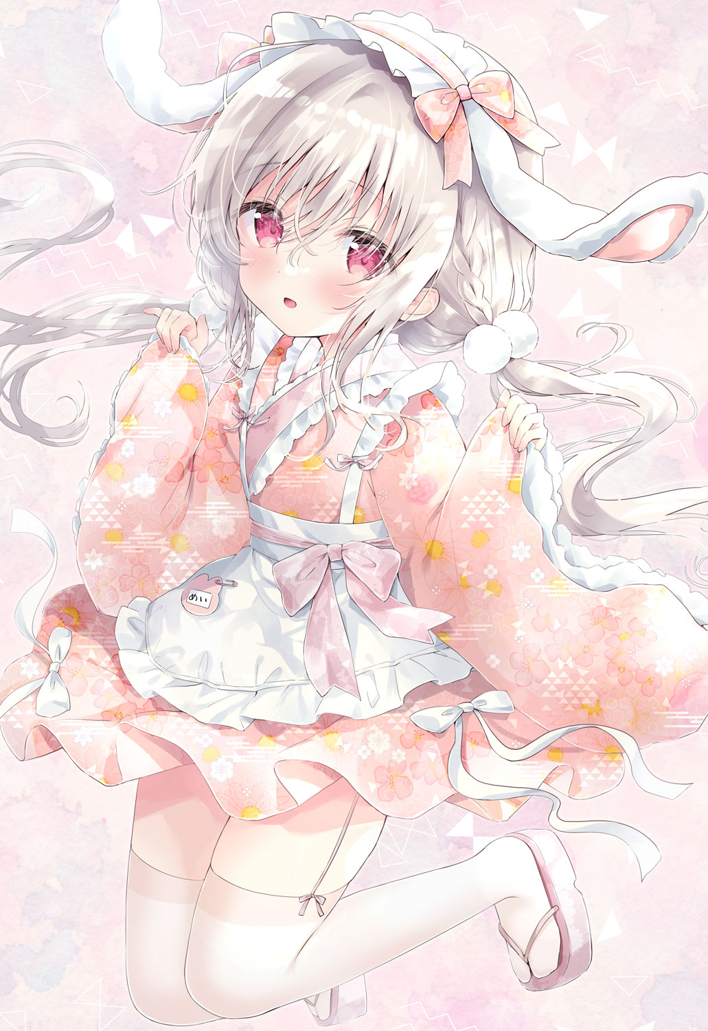 1girl :d amedamacon animal_ears apron blush commentary_request fake_animal_ears floppy_ears frilled_apron frilled_hairband frills full_body garter_straps grey_hair hair_between_eyes hairband highres japanese_clothes kimono long_hair long_sleeves looking_at_viewer maid original pinching_sleeves pink_footwear pink_hairband pink_kimono rabbit_ears red_eyes sandals sleeves_past_wrists smile solo thighhighs very_long_hair wa_maid white_apron white_thighhighs wide_sleeves zouri