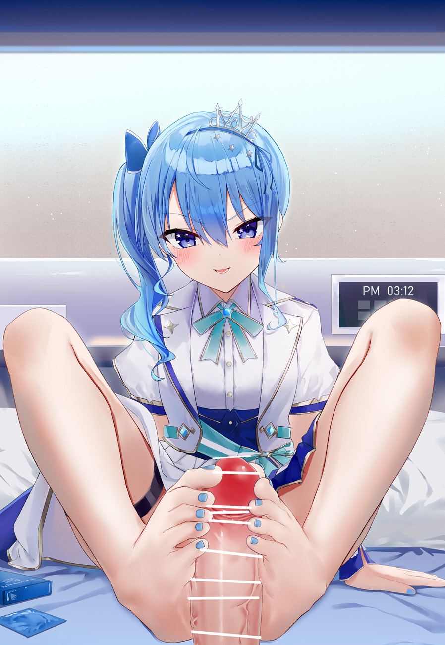 1boy 1girl bar_censor bare_legs barefoot blue_bow blue_eyes blue_nails blue_shorts blush bow breasts cameltoe censored closed_mouth commentary_request condom condom_wrapper crown feet footjob gold_trim hair_between_eyes hair_bow highres hololive hoshimachi_suisei indoors jacket kou_futoshi long_hair looking_at_viewer mini_crown miniskirt nail_polish on_bed out_of_frame penis pov puffy_short_sleeves puffy_sleeves shirt short_shorts short_sleeves shorts side_ponytail sitting skirt small_breasts star_(symbol) star_in_eye symbol_in_eye thigh_strap toes two-footed_footjob virtual_youtuber white_jacket white_shirt white_skirt