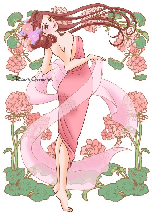 1girl art_nouveau artist_name bare_back bare_shoulders barefoot brown_hair floating_hair floral_background flower from_behind hair_flower hair_ornament head_tilt holding holding_ribbon long_hair looking_at_viewer original pink_top ran_omine ribbon see-through solo standing tiptoes