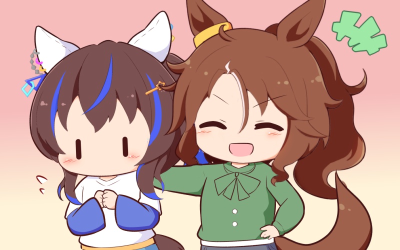 +++ 2girls :d ^_^ animal_ears blue_hair blush_stickers bow brown_background brown_hair chibi closed_eyes daitaku_helios_(umamusume) flying_sweatdrops gomashio_(goma_feet) gradient_background green_bow green_shirt hair_between_eyes hand_on_another's_back hand_on_own_hip horse_ears horse_girl horse_tail layered_sleeves long_sleeves mejiro_palmer_(umamusume) multicolored_hair multiple_girls own_hands_together parted_bangs pink_background ponytail shirt short_over_long_sleeves short_sleeves side_ponytail smile streaked_hair tail umamusume white_hair white_shirt |_|