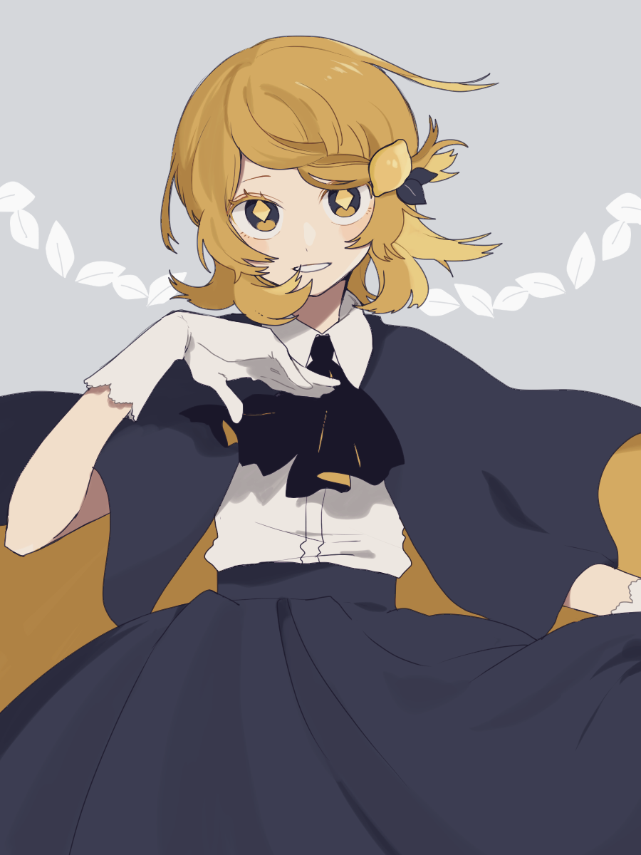 1girl ascot black_ascot black_bow black_bowtie black_skirt blonde_hair bow bowtie cape collared_shirt diamond-shaped_pupils diamond_(shape) gloves grin hair_ornament hand_up highres looking_at_viewer maco22 original shirt short_hair simple_background skirt smile solo symbol-shaped_pupils white_gloves white_shirt yellow_eyes