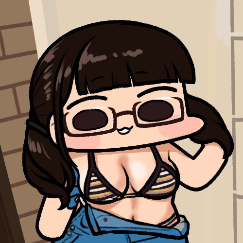 1girl bikini blue_overalls blush breasts brown_bikini chibi cleavage glasses holding_own_hair jazz_jack long_hair looking_at_viewer lowres medium_breasts overalls parted_lips photo-referenced real_life shinonome_umi smile solo swimsuit twintails