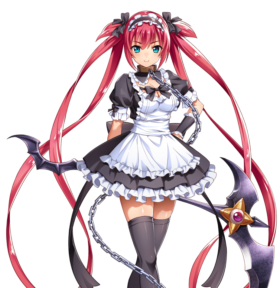 1girl airi_(queen's_blade) apron arm_at_side black_bow black_dress black_hairband black_thighhighs black_wristband blue_eyes bow breasts brown_collar chain cleavage closed_mouth collar dress eyeball feet_out_of_frame frilled_apron frilled_dress frilled_hairband frilled_wristband frills hair_bow hairband hand_on_own_hip holding holding_scythe light_blush long_hair looking_at_viewer maid maid_apron maid_headdress medium_breasts metal_collar official_art puffy_short_sleeves puffy_sleeves queen's_blade red_hair scythe second-party_source short_sleeves smile solo thighhighs transparent_background twintails very_long_hair white_apron