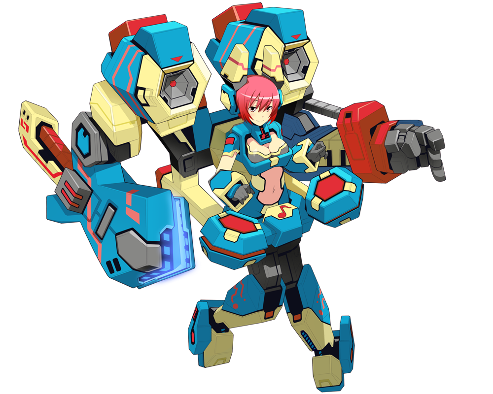 bad_source breasts cleavage clothing_cutout cosmic_break full_body headpiece instrument large_breasts looking_at_viewer maril_march mecha_musume mechanical_arms musical_note navel official_art red_eyes red_hair second-party_source smile stomach_cutout wakaba_sprout