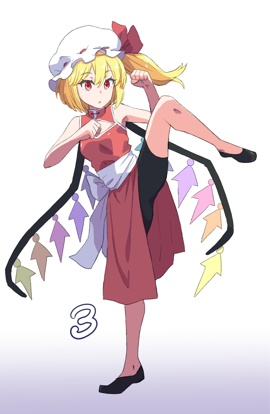 1girl bike_shorts black_footwear blonde_hair china_dress chinese_clothes cleavage_cutout clenched_teeth clothing_cutout dress fighting_stance flandre_scarlet from_side full_body hat hat_ribbon highres jack_(wkm74959) mandarin_collar mob_cap one-hour_drawing_challenge pelvic_curtain red_dress red_eyes red_ribbon ribbon side_ponytail simple_background solo standing standing_on_one_leg teeth touhou white_background