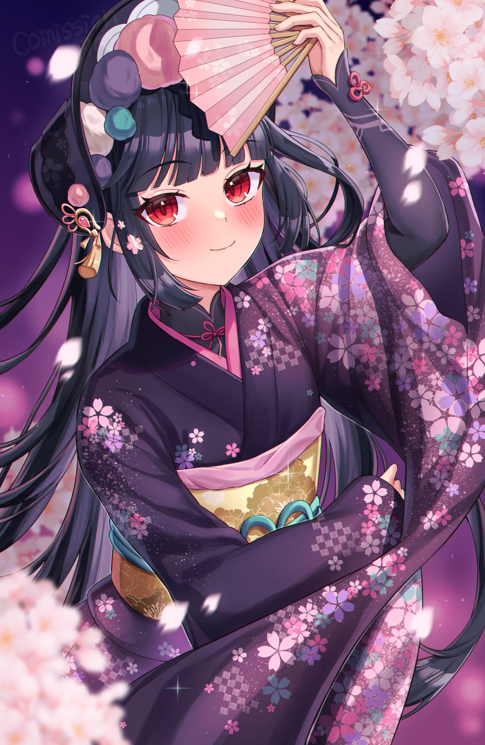 1girl alternate_costume blunt_bangs blush bonnet cherry_blossoms closed_mouth floral_print flower flower_knot furisode genshin_impact hair_flower hair_ornament hand_fan highres hime_cut holding holding_fan japanese_clothes kimono long_hair looking_at_viewer mikoto_(0709mikoto) obi petals pink_petals purple_hair purple_kimono red_eyes sash smile solo tassel wide_sleeves yun_jin_(genshin_impact)