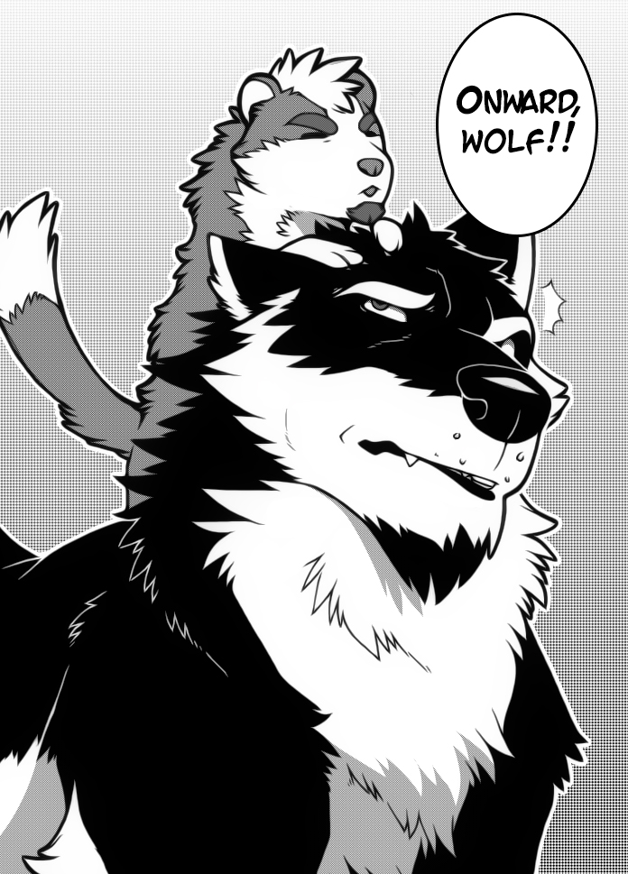 2015 aluminemsiren beard canine digital_media_(artwork) dipstick_tail dog duo ears_back english_text eyes_closed facial_hair feral goatee male mammal monochrome multicolored_tail orion_(aluminemsiren) riding simple_background size_difference speech_bubble text wolf