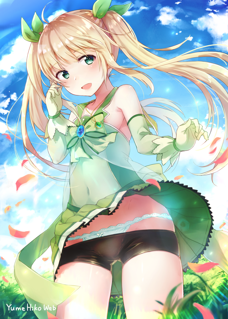 1girl :d ahoge bangs black_shorts blonde_hair blue_sky blush bow bowtie brooch cloud cloudy_sky commentary_request covered_navel cowboy_shot day elbow_gloves eyebrows_visible_through_hair fujihan_(osamuraifuji) gloves grass green_eyes green_gloves green_neckwear green_ribbon green_shirt green_skirt hair_ribbon hand_up jewelry lace lace-trimmed_panties leaves_in_wind legs_apart long_hair looking_at_viewer miniskirt necklace open_mouth original outdoors panties pleated_skirt ribbon see-through shirt short_shorts shorts shorts_under_skirt sidelocks skirt sky sleeveless sleeveless_shirt smile solo standing twintails underwear white_panties wind wind_lift yumehiko
