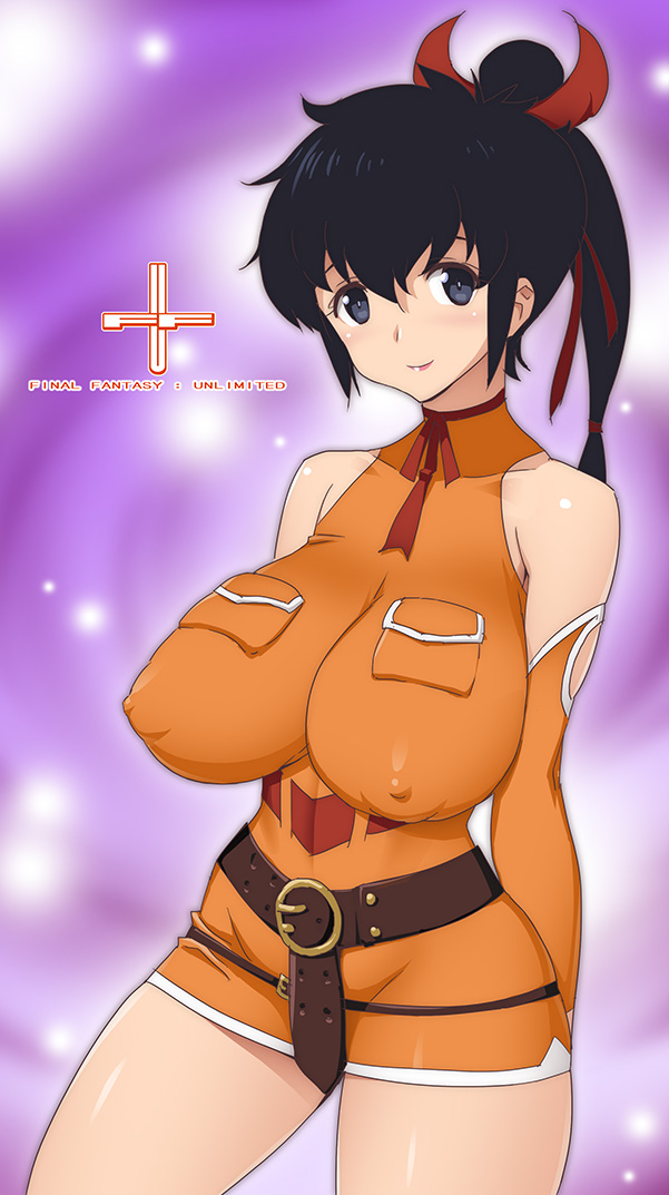 arms_behind_back bare_shoulders belt beltskirt black_hair blue_eyes blush breast_pocket breasts commentary_request copyright_name covered_nipples cowboy_shot detached_sleeves final_fantasy final_fantasy_unlimited impossible_clothes large_breasts lisa_pacifist long_hair onomeshin pocket ponytail skin_tight solo