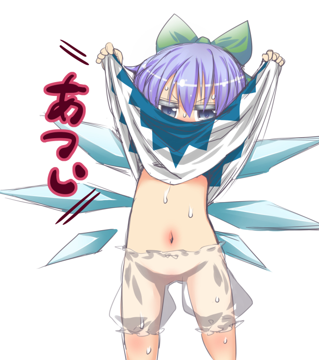 bloomers blue_dress blue_eyes blue_hair bow cirno cowboy_shot dress dress_lift hair_bow ice ice_wings muuba navel see-through solo sweat thighs touhou underwear wet_bloomers wings
