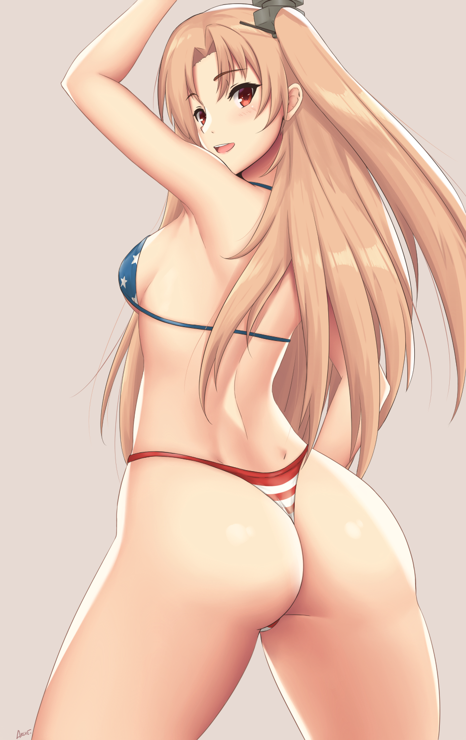1girl american_flag_bikini arciealbano ass azur_lane bangs beige_background bikini blonde_hair breasts cleveland_(azur_lane) commentary_request cowboy_shot eyebrows_visible_through_hair flag_print hair_ornament highres long_hair one_side_up parted_bangs ponytail red_eyes signature small_breasts solo swimsuit