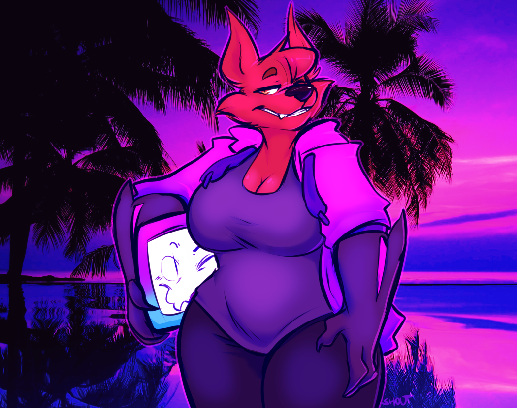2016 abstract_background anthro big_breasts black_nose breasts canine clothed clothing crossgender digital_media_(artwork) eyebrows female fox fur grin hi_res hoodie mammal one_eye_closed pyrocynical red_fur shirt shout smile solo vaporwave