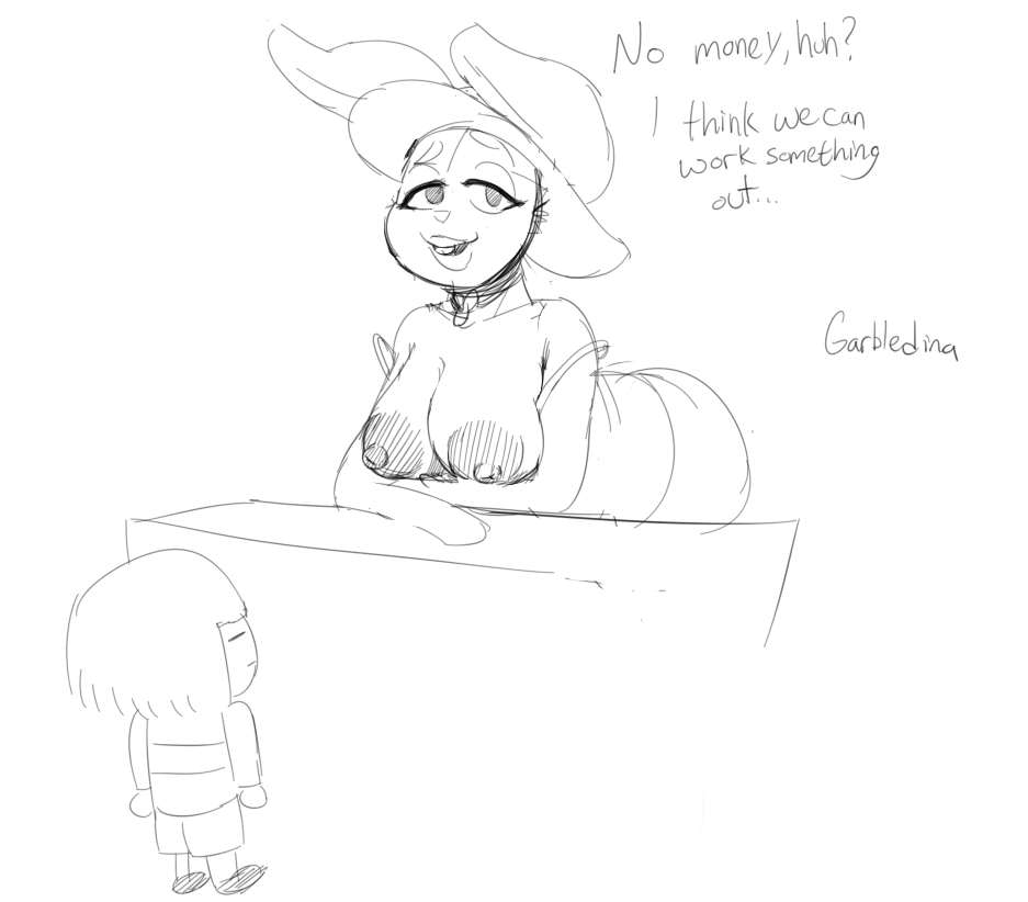 ambiguous_gender anthro big_breasts black_and_white breasts choker dialogue duo english_text female garbledina hat human lagomorph mammal monochrome nipples off_shoulder protagonist_(undertale) rabbit rabbit_shopkeeper text undertale video_games