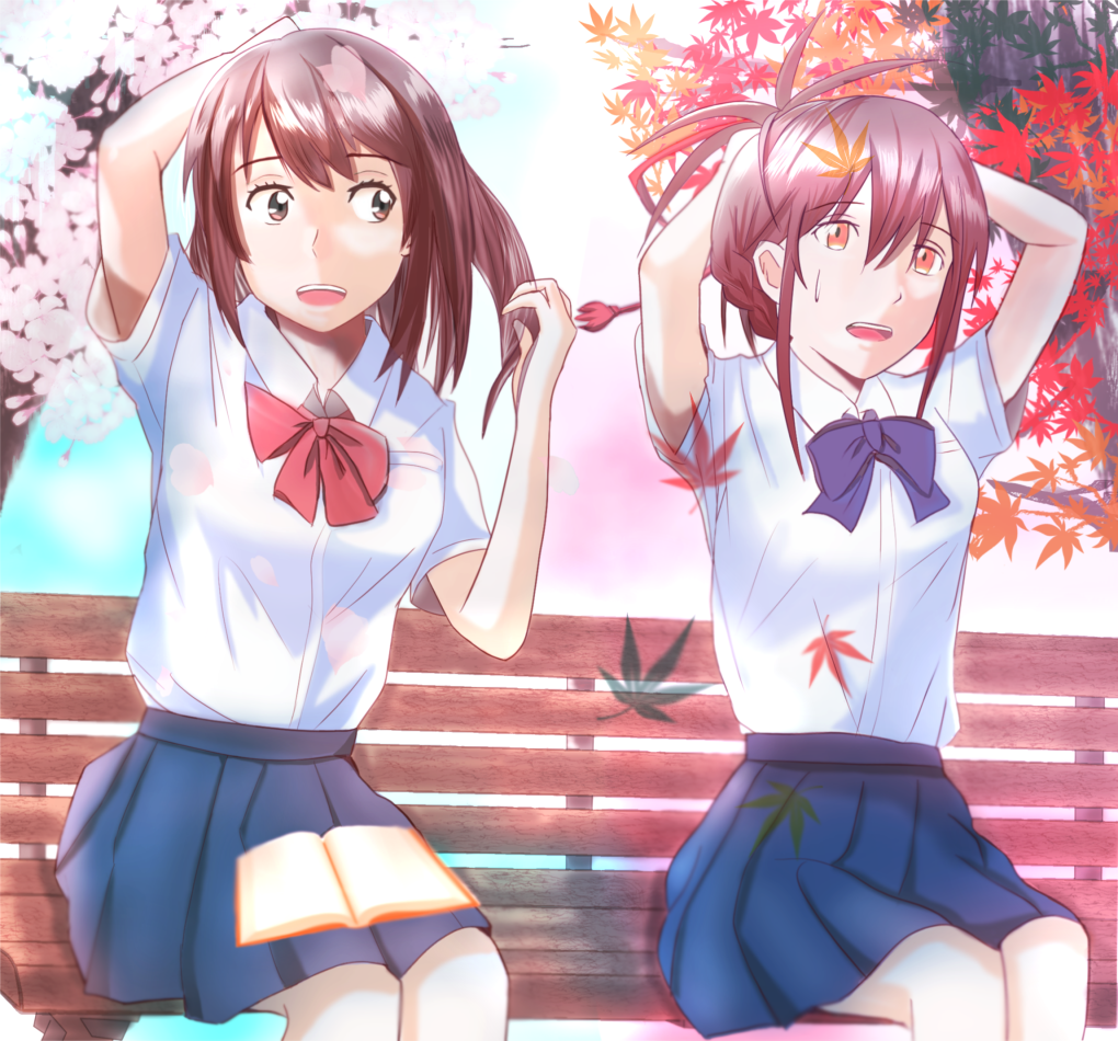 2girls alternate_hairstyle arms_up bench book breasts brown_eyes brown_hair commentary_request hair_ribbon hairstyle_switch kimi_no_na_wa kimi_no_suizou_wo_tabetai looking_at_another miyamizu_mitsuha multiple_girls open_mouth pleated_skirt red_ribbon ribbon school_uniform short_sleeves shoya_(yama1979) sidelocks skirt small_breasts sweatdrop teeth yamauchi_sakura