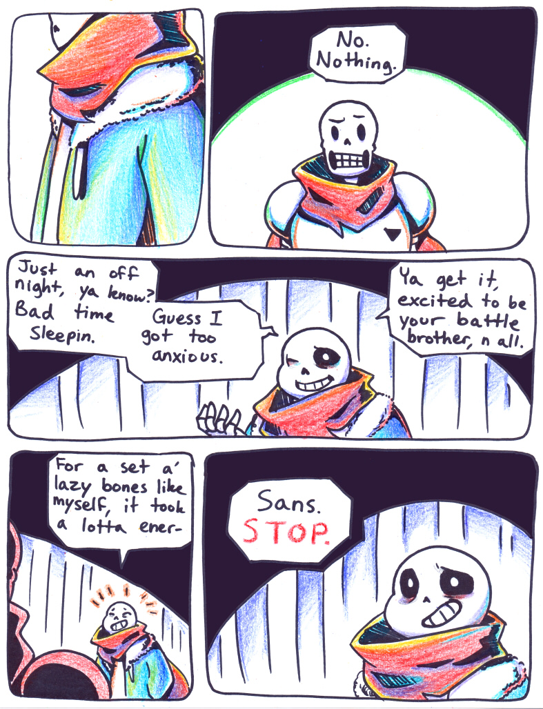 2016 aftertale animated_skeleton bone clothing comic dialogue empty_smile english_text jacket loverofpiggies male one_eye_closed papyrus_(undertale) sans_(undertale) scarf skeleton text undead undertale video_games wink
