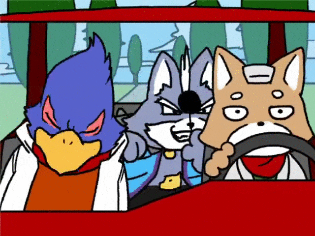 animated anthro avian beak bird black_nose blue_feathers brown_fur canine car clothed clothing cute eye_patch eyewear falco_lombardi feathers fox fox_mccloud fur grey_fur group humor looking_at_viewer male mammal meme night_at_the_roxbury nintendo open_mouth parody star_fox tree vehicle video_games what_is_love wolf wolf_o'donnell もたちの