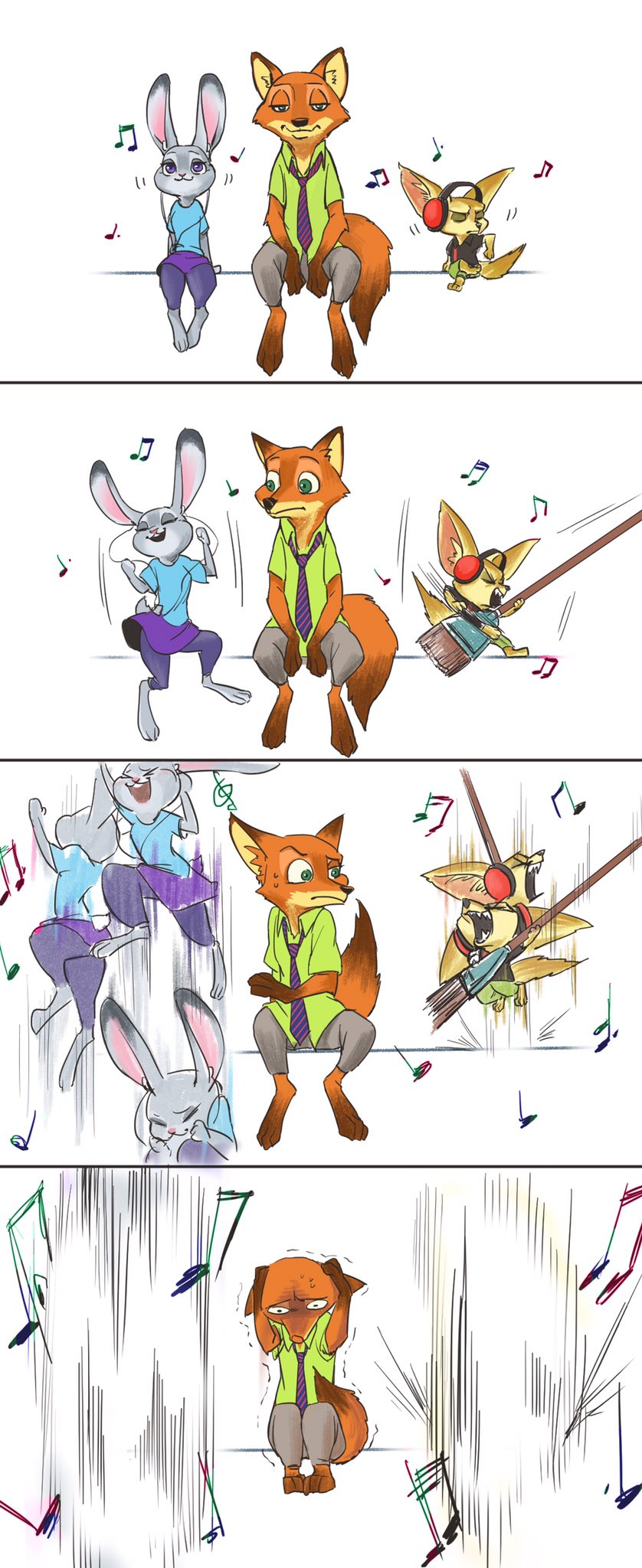 alarmed broom canine clothed clothing comic dancing disney excited eyes_closed fennec finnick fox ginsamurai green_eyes group headphones humor judy_hopps lagomorph mammal motion_blur music musical_note necktie nick_wilde purple_eyes rabbit rocking_out shaking trembling zootopia