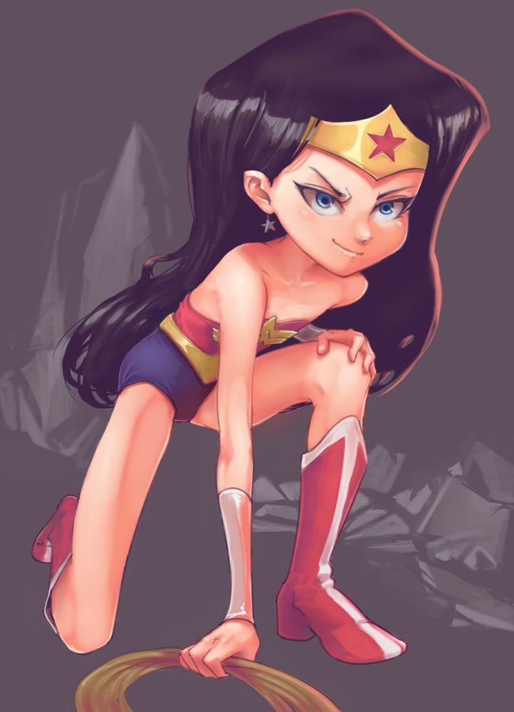 black_hair child conoghi dc_comics dcau long_hair shiny_skin smile solo tiara wonder_woman younger