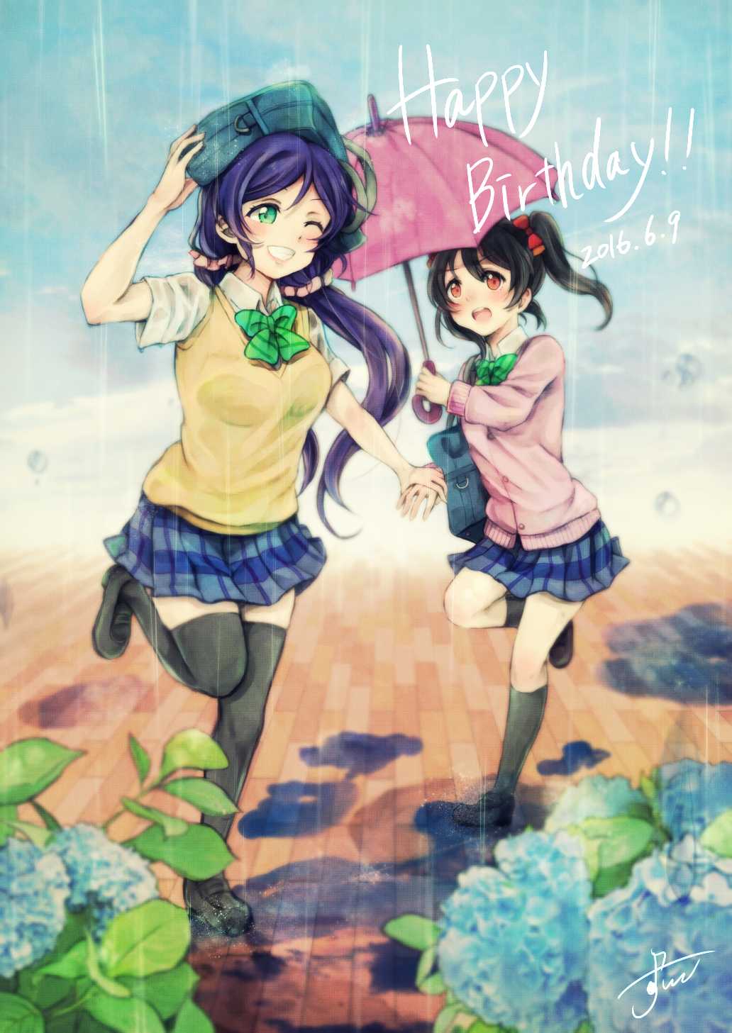 2girls ;d arm_up bag_on_head black_hair black_legwear blue_skirt blurry blush bow bowtie breasts brown_footwear buttons dated depth_of_field flower full_body green_bow green_eyes green_neckwear grin hair_between_eyes hair_bow happy_birthday highres holding_hand hydrangea jacket kneehighs large_breasts leg_up loafers long_hair long_sleeves love_live! love_live!_school_idol_project low_twintails multiple_girls one_eye_closed open_mouth pink_jacket pink_umbrella plaid plaid_skirt pleated_skirt purple_hair rain red_bow red_eyes round_teeth running shirt shoes short_hair short_sleeves skirt smile suito sweater_vest teeth toujou_nozomi twintails water wet wet_clothes wet_shirt yazawa_nico