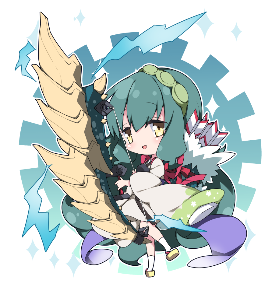 1girl :d arrow bangs blush bow_(weapon) brown_eyes chibi commentary_request eyebrows_visible_through_hair green_hair green_hairband hair_between_eyes hairband holding holding_bow_(weapon) holding_weapon japanese_clothes kimono long_hair long_sleeves looking_at_viewer milkpanda muneate open_mouth red_ribbon ribbon sidelocks smile socks solo sparkle standing standing_on_one_leg touhoku_zunko very_long_hair vocaloid voiceroid weapon white_kimono white_legwear yellow_footwear zouri