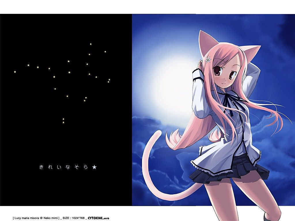 animal_ears arms_behind_head cat_ears cat_tail constellation kabayaki_unagi long_hair lucy_maria_misora pink_hair pleated_skirt skirt solo tail to_heart_2 wallpaper