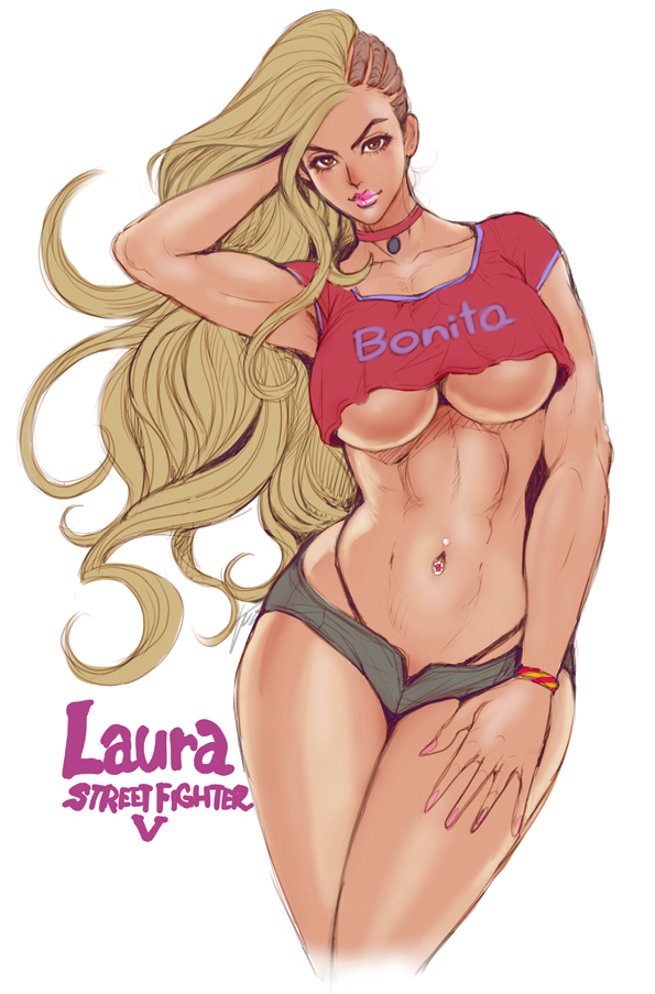 alternate_color alternate_hair_color breasts character_name curvy dark_skin hand_on_thigh huge_breasts laura_matsuda long_hair looking_at_viewer navel portuguese short_shorts shorts simple_background smile solo street_fighter street_fighter_v tabe_koji thong underboob white_background wide_hips