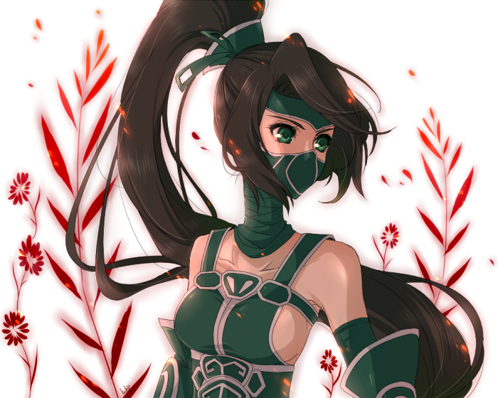 akali bare_shoulders breasts brown_hair floral_background green_eyes high_ponytail kakip league_of_legends long_hair looking_afar mask medium_breasts open_eyes ponytail solo upper_body