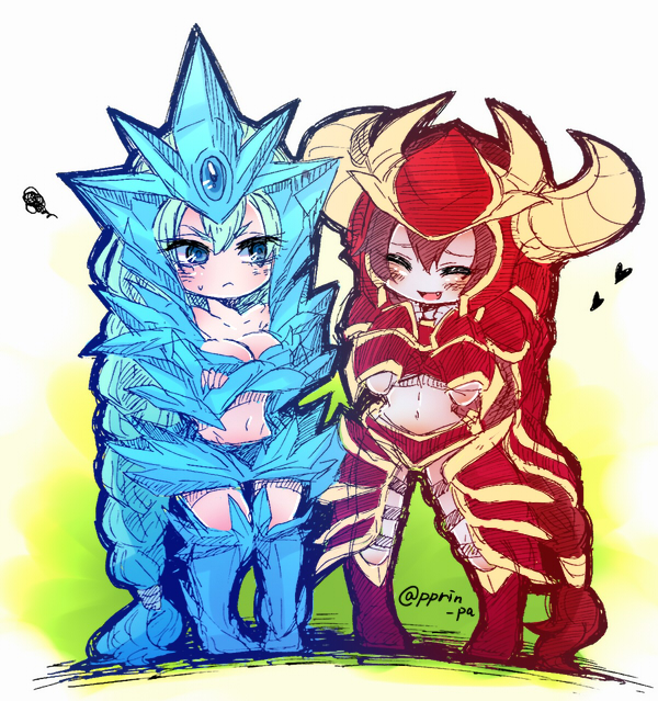 :&lt; anivia armor blue_eyes blue_footwear blue_hair blush boots breasts cleavage closed_eyes crossed_arms dual_persona frown gem grey_skin hair_between_eyes hands_on_own_chest happy headgear headpiece heart hips irritated knees_together_feet_apart large_breasts league_of_legends long_hair midriff multiple_girls navel open_mouth otani_(kota12ro08) personification ponytail red_footwear red_hair shyvana smile very_long_hair