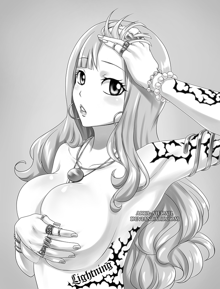 against_wall arya arya_aiedail blush body breast_squeeze breasts cleavage covering covering_breasts curvaceous earrings english expressionless eyelashes fairy fairy_tail female female_only gem head_tilt heart hot jewelry large_breasts letterboxed lightning lips long_hair looking_at_viewer mirajane_strauss monochrome necklace nude parted_lips ring silver_hair solo tattoo text upper_body wall white_hair