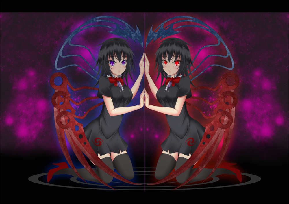 :o asymmetrical_wings black_dress black_hair black_legwear blush bow bowtie breasts commentary_request dress dual_persona full_body gmot high_heels houjuu_nue kneeling looking_at_viewer medium_breasts parted_lips red_bow red_eyes red_footwear red_neckwear reflection shoes short_dress short_sleeves symmetry thighhighs touhou wings zettai_ryouiki