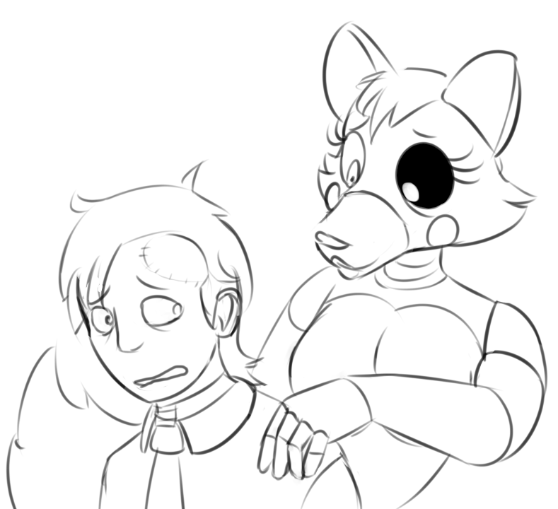 animatronic anthro breasts canine cleavage clothed clothing concerned duo featureless_breasts female five_nights_at_freddy's five_nights_at_freddy's_2 fox frown hand_on_shoulder human jeremy_fitzgerald looking_back machine male mammal mangle_(fnaf) monochrome necktie robot scar smile stitches vawfag video_games