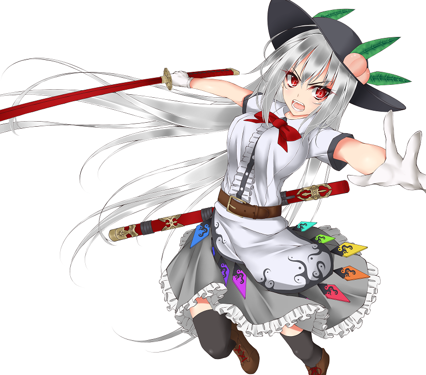 :o alternate_color alternate_hair_color belt black_hat black_legwear bow bowtie commentary_request food foreshortening fruit gloves gmot hat hinanawi_tenshi katana leaf long_hair looking_at_viewer open_mouth over-kneehighs peach puffy_short_sleeves puffy_sleeves red_bow red_eyes red_neckwear shirt short_sleeves silver_hair skirt solo sword sword_of_hisou thighhighs touhou tsurime v-shaped_eyebrows very_long_hair weapon white_background white_gloves zettai_ryouiki