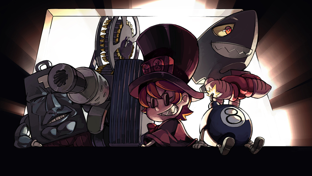 andy_anvil avery_(skullgirls) bomb commentary drum_magazine gatling_gun gun junkpuyo lab_zero_games lenny_the_bomb looking_at_viewer official_art peacock_(skullgirls) rifling skullgirls weapon