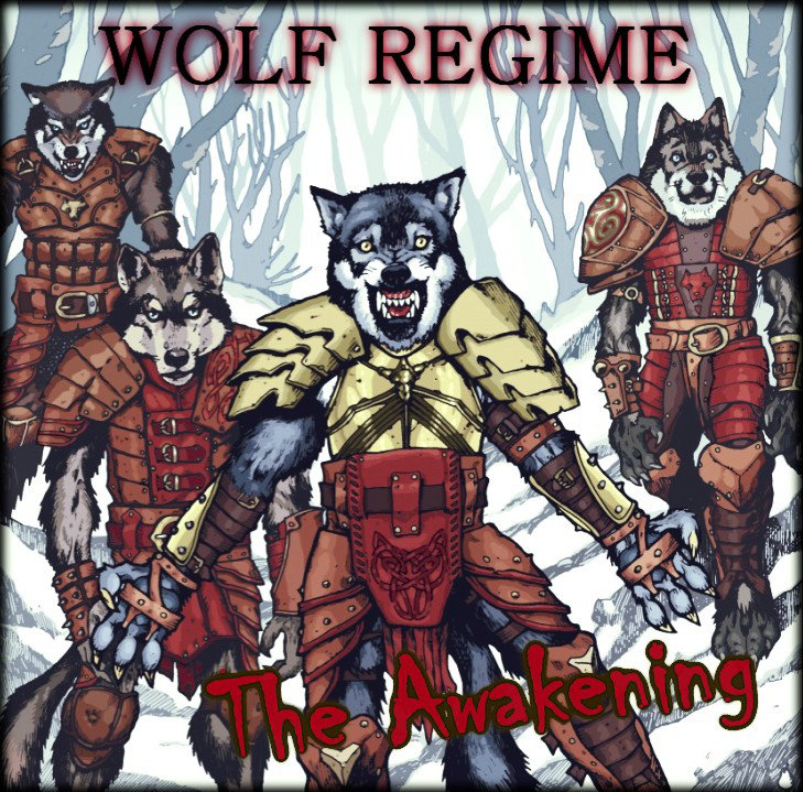 4_fingers 4_toes album_cover anthro armor blue_eyes bracers canine chestplate clothing cover cuirass digitigrade english_text forest greaves group heavy_metal leather loincloth male mammal pauldron snarling snow teeth_bared text title toes tree unknown_artist warrior wolf wolf_regime yellow_eyes