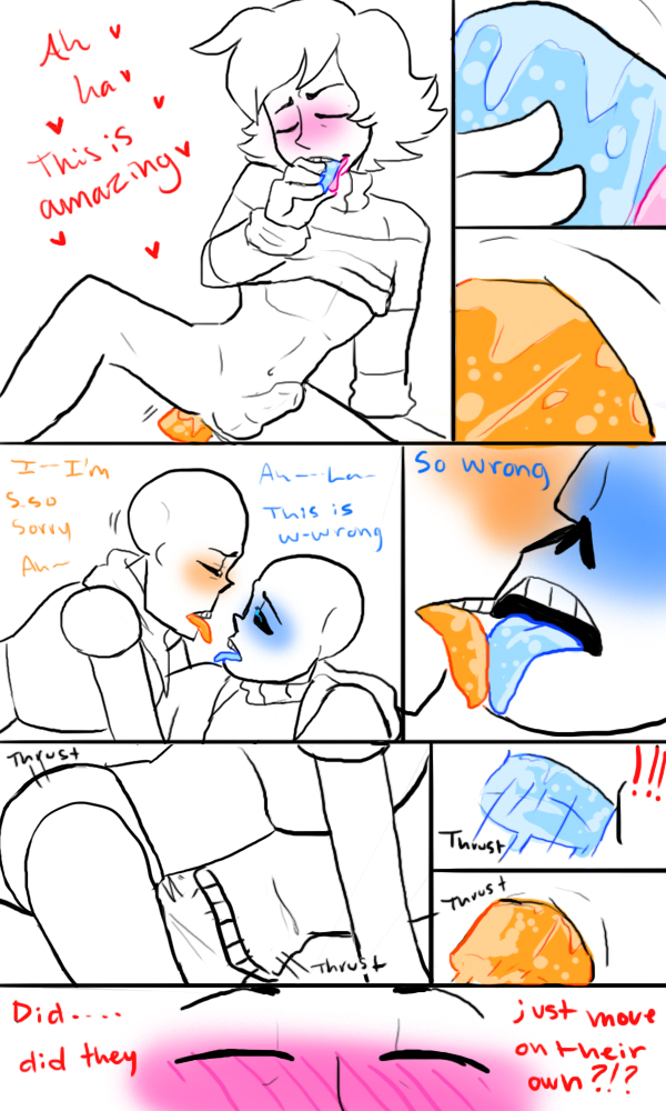 ! &lt;3 ?! anal anal_penetration animated_skeleton blush bone clothing comic detachable detachable_penis dialogue english_text fontcest human imminent_sex incest magic_penis male male/male mammal nsfwshamecave oral papyrus_(undertale) penetration protagonist_(undertale) sans_(undertale) simple_background skeleton text tongue tongue_out undead undertale video_games