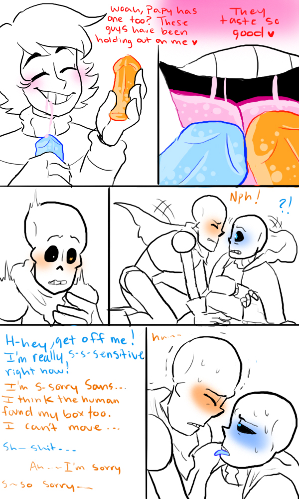 &lt;3 ... ?! ambiguous_gender animated_skeleton blush bone clothing comic detachable detachable_penis dialogue english_text human licking magic_penis male male/male mammal nsfwshamecave oral papyrus_(undertale) protagonist_(undertale) sans_(undertale) simple_background skeleton sweat text tongue tongue_out undead undertale video_games